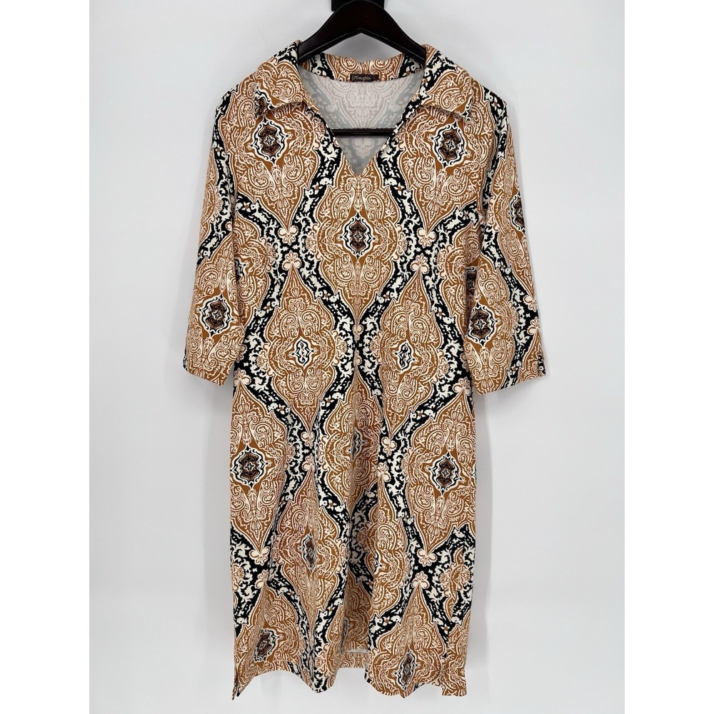 J McLaughlin Gold/Tan Black Medallion Stretchy Dress L Catalina Cloth 3/4 Sleeve